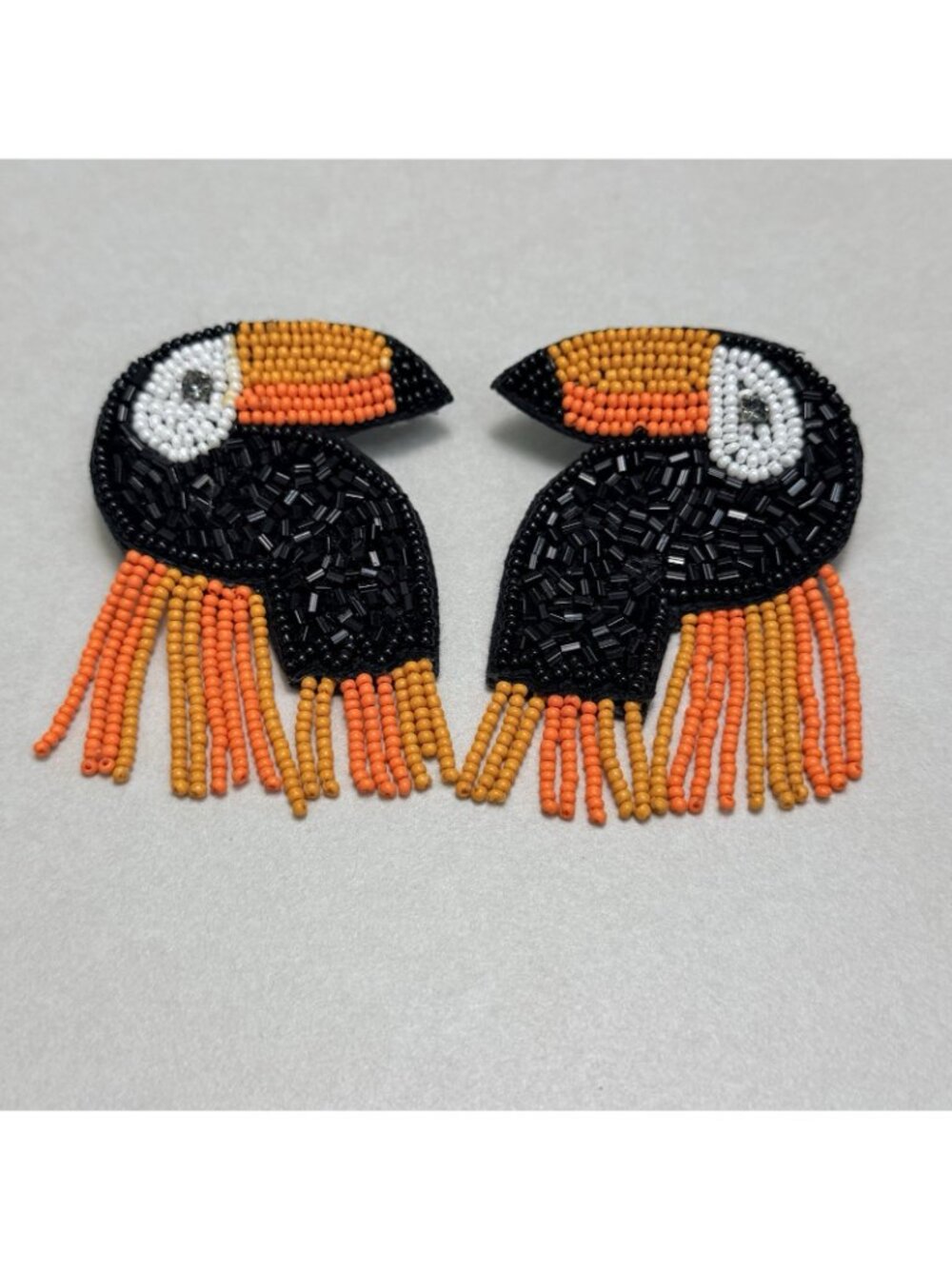 ZARA Toucan Beaded Earrings Black Orange White Pierced NWOT Tropical - Picture 5 of 6